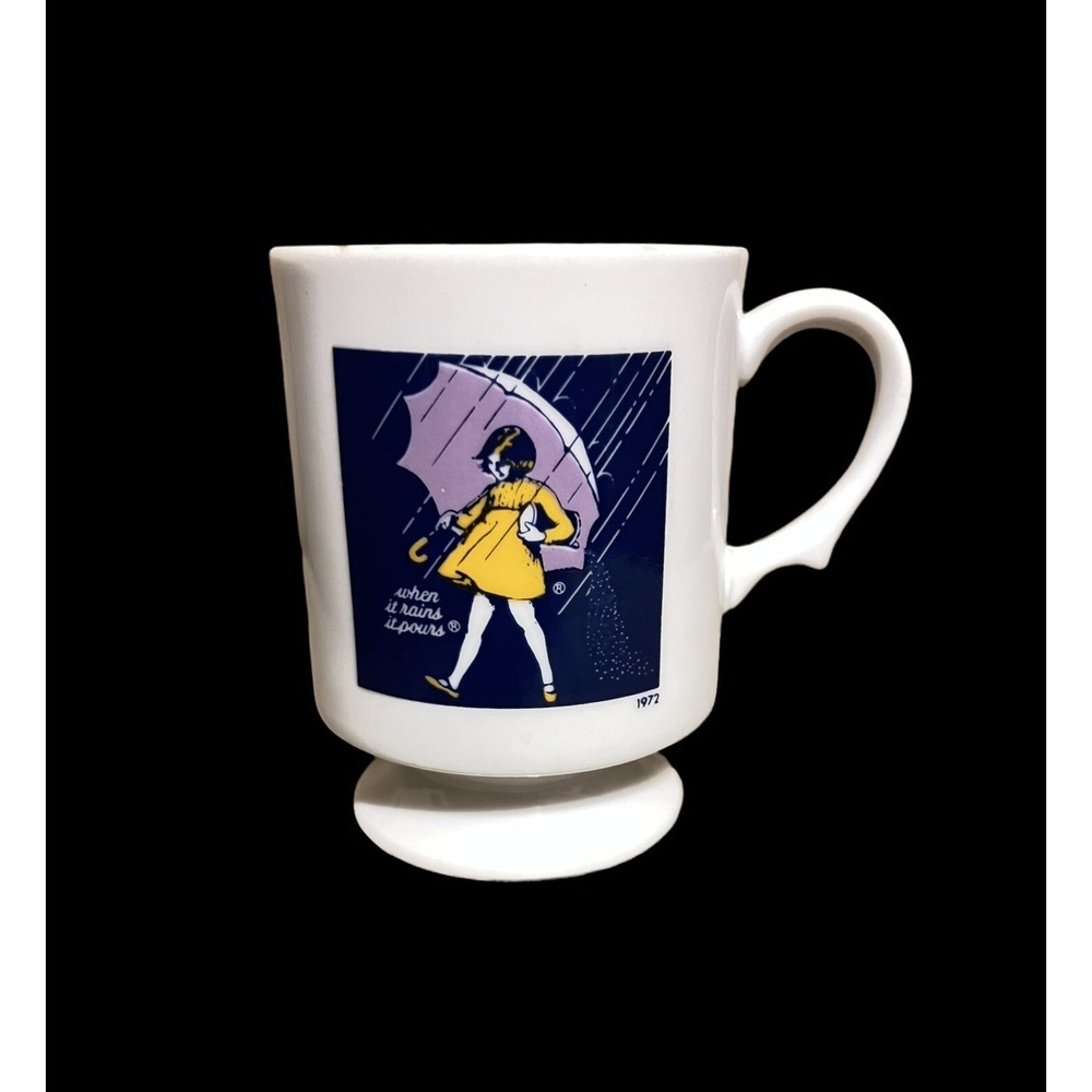 WHEN IT RAINS IT POURS COFFEE MUG CUP MORTON SALT GIRL 1972 PEDESTAL TEA NOS